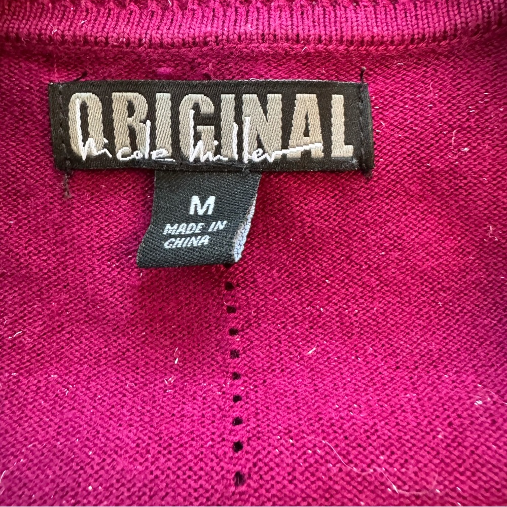 Nicole Miller Women M Cardigan Sweater Cranberry Silver Metallic Preppy Button - Picture 6 of 9
